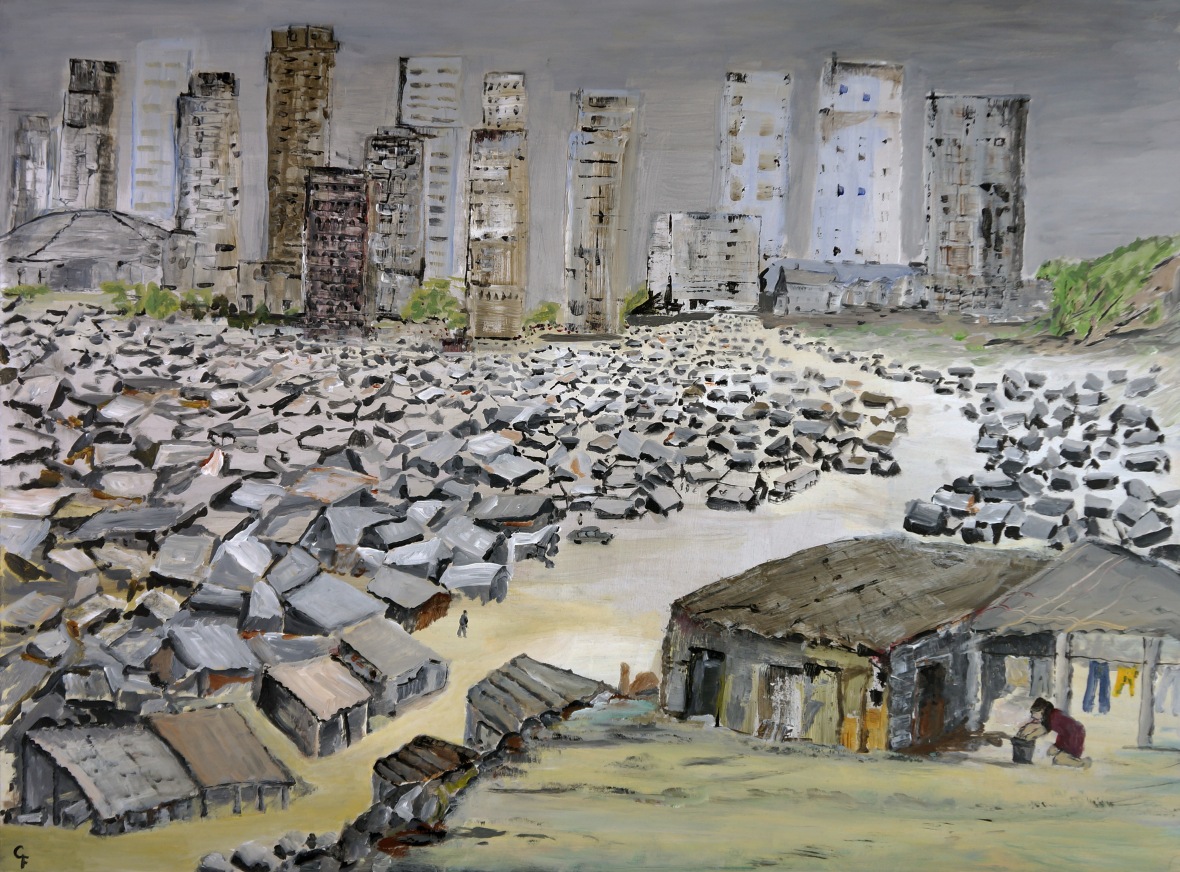 Schilderij 03 slums met een verre stad
